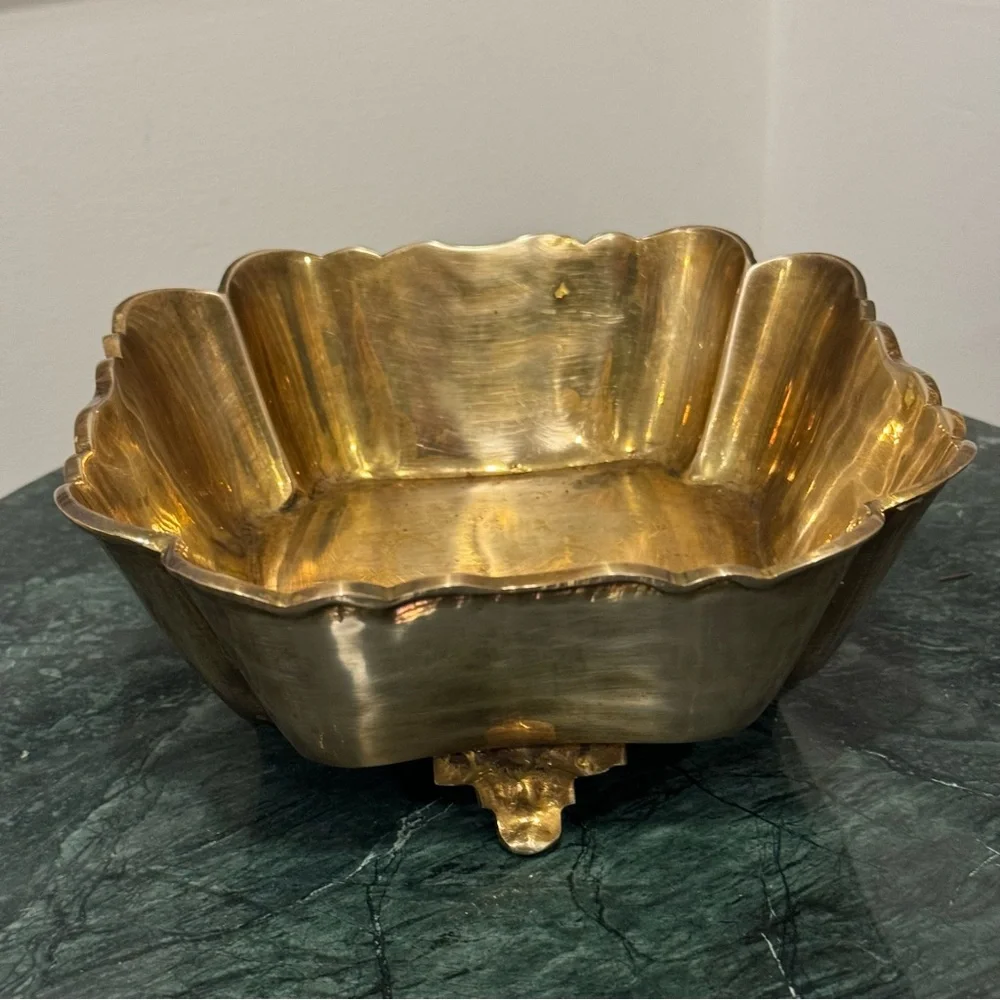 Vintage   Brass Bowl  Gold Planter Footed Dish Segmented Scalloped